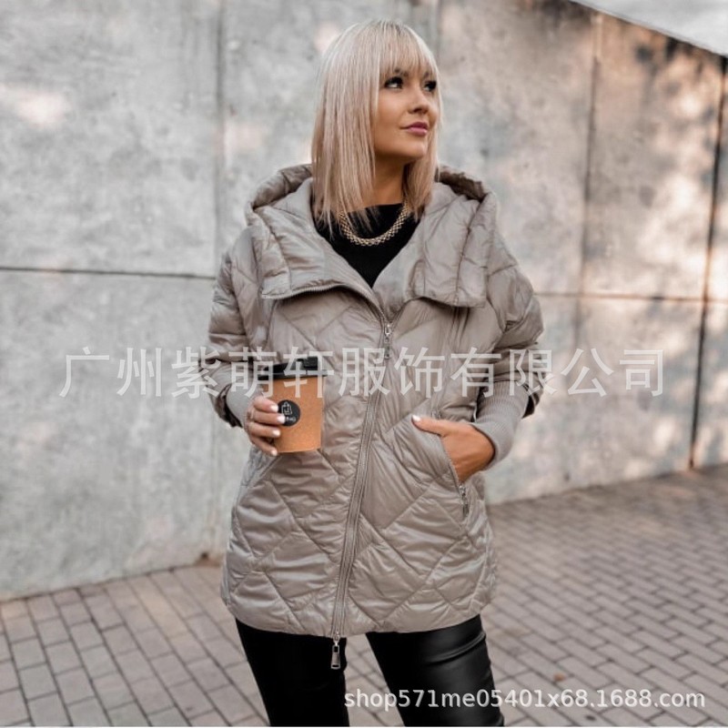 2025欧美M新款女士轻薄款连帽菱格拼接拉链多色连帽棉服|undefined