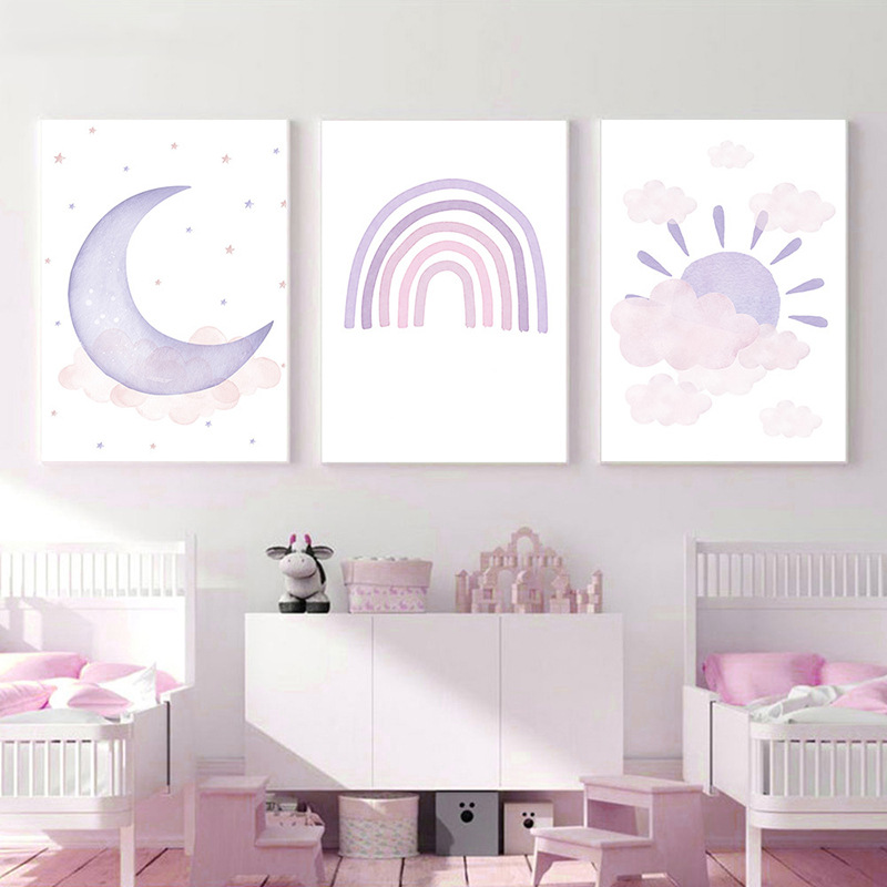 Kinderzimmerwand Aquarell Rosa Lila Wetter Regenbogen Sonne Stern Mond Babyzimmer Hanin Leinwand Dekorativ_voghion.com