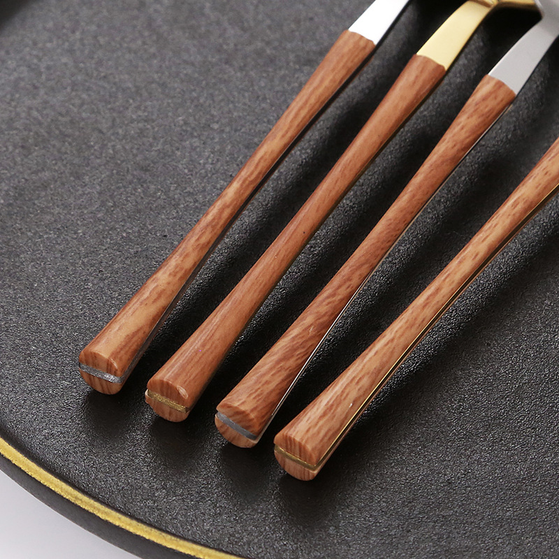 Creativo 430 imitación de acero inoxidable mango de madera cuchillo tenedor cuchara occidental carne cena cuchillo comida principal cuchara comida Internet celebridad vajilla postre cuchara