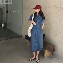 短袖牛仔连衣裙女夏宽松2023新款韩版慵懒风学生长款牛仔衬衫长裙