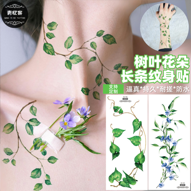 Cross-Border Supply Wholesale New Leaf and Flower Long Temporary Tattoo Stickers for Wrists and Shoulders, High-End and Fresh