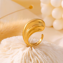 法式新款多层次条纹水滴开口戒指复古个性设计钛钢镀18K金首饰品