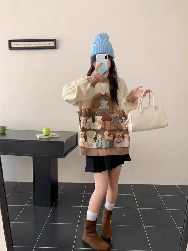 撞色套头针织小熊复古长袖毛衣女2025秋季新款校园风小众宽松上衣|undefined