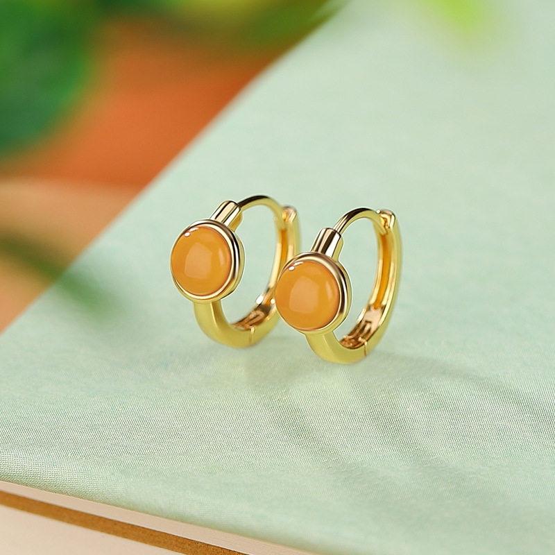 Bông tai kẹp tai nữ bạc S925 mạ vàng đính đá jasper đỏ hình hạt tròn phong cách đơn giản — Kiểu jasper màu bạc