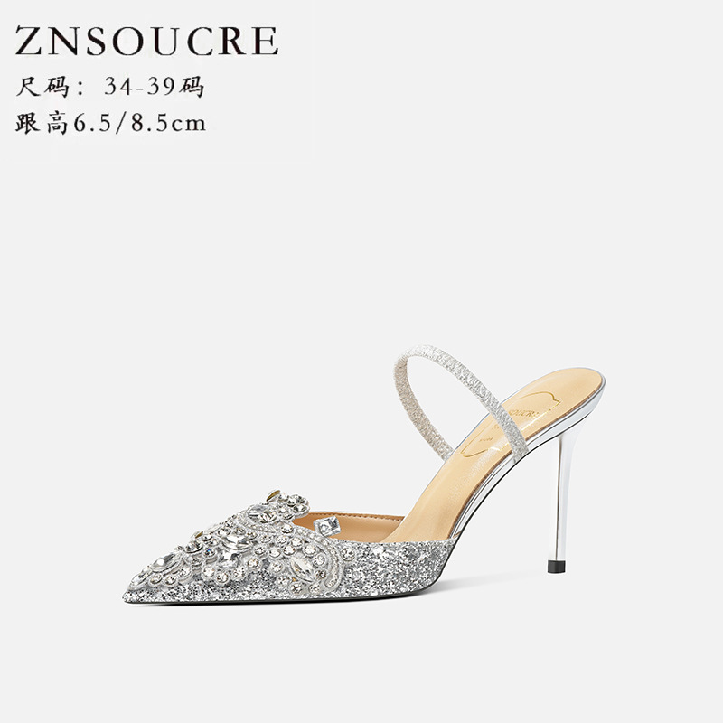 708-91 French rhinestone baotou sandals women's 2025 summer fairy style socialite embroidered pointed high heels 708-91 French rhinestone baotou sandals women's 2025 summer fairy style socialite embroidered pointed high heels
