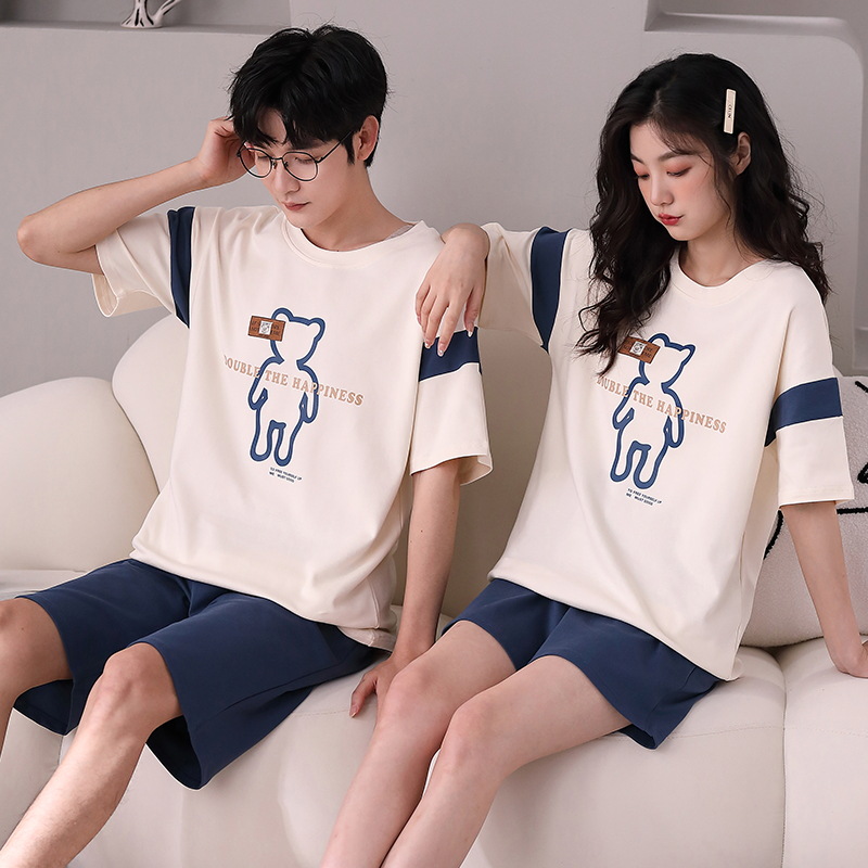 Pajamas de pareja de verano de algodón de verano pantalones cortos de mangas cortas de dibujos animados para hombres nuevos sets de ropa casera para mujeres sin impresión