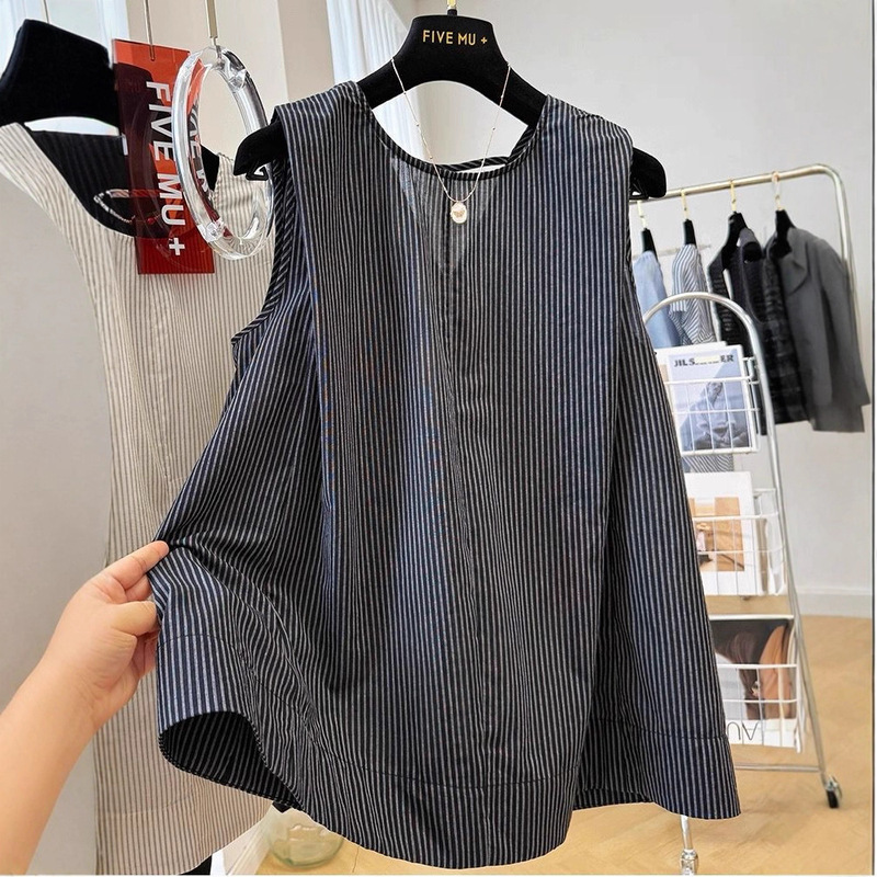 Korean Style High-End and Beautiful Vest Vest for Women's Summer Outer Wear Design A-Line Stripesd Shirt Sleeve Top