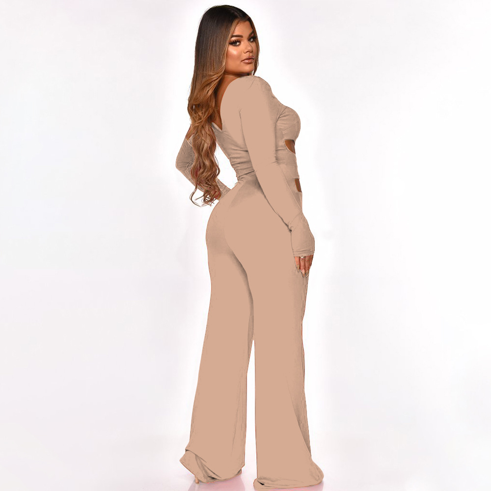 solid color square neck exposed waist hollow jumpsuit NSMYF84713