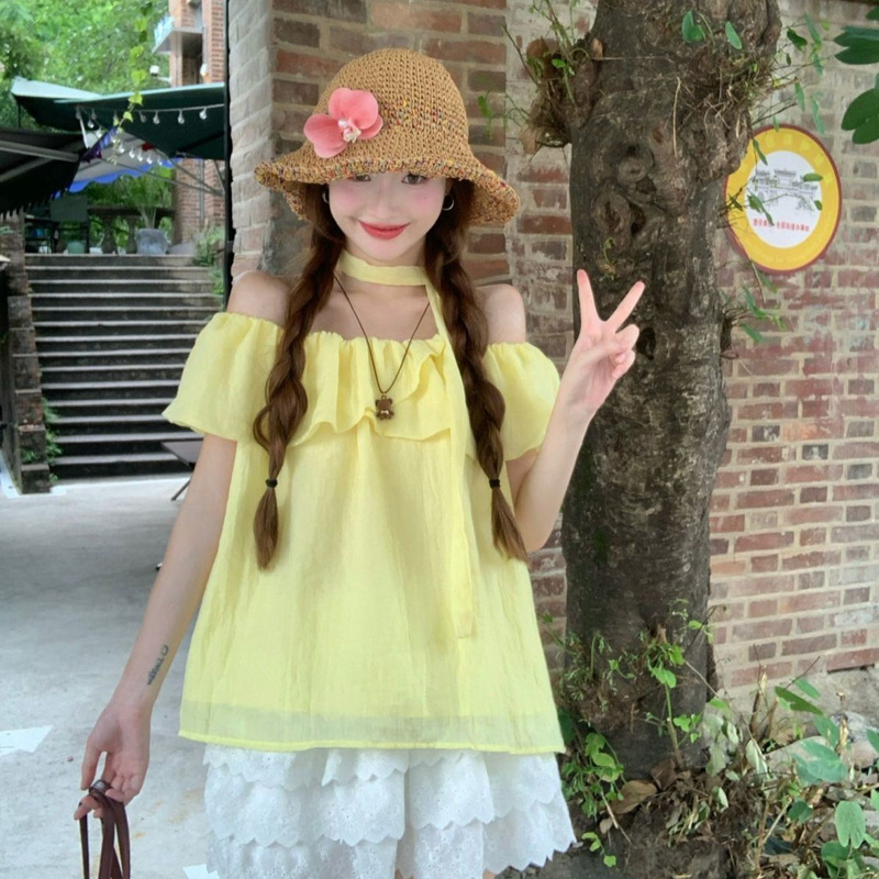 Summer Dopamine Ruffled One-Shoulder Shirt for Women, Summer 2026 New Style, Loose French-Style Stunning Blouse Top Summer Dopamine Ruffled One-Shoulder Shirt for Women, Summer 2026 New Style, Loose French-Style Stunning Blouse Top