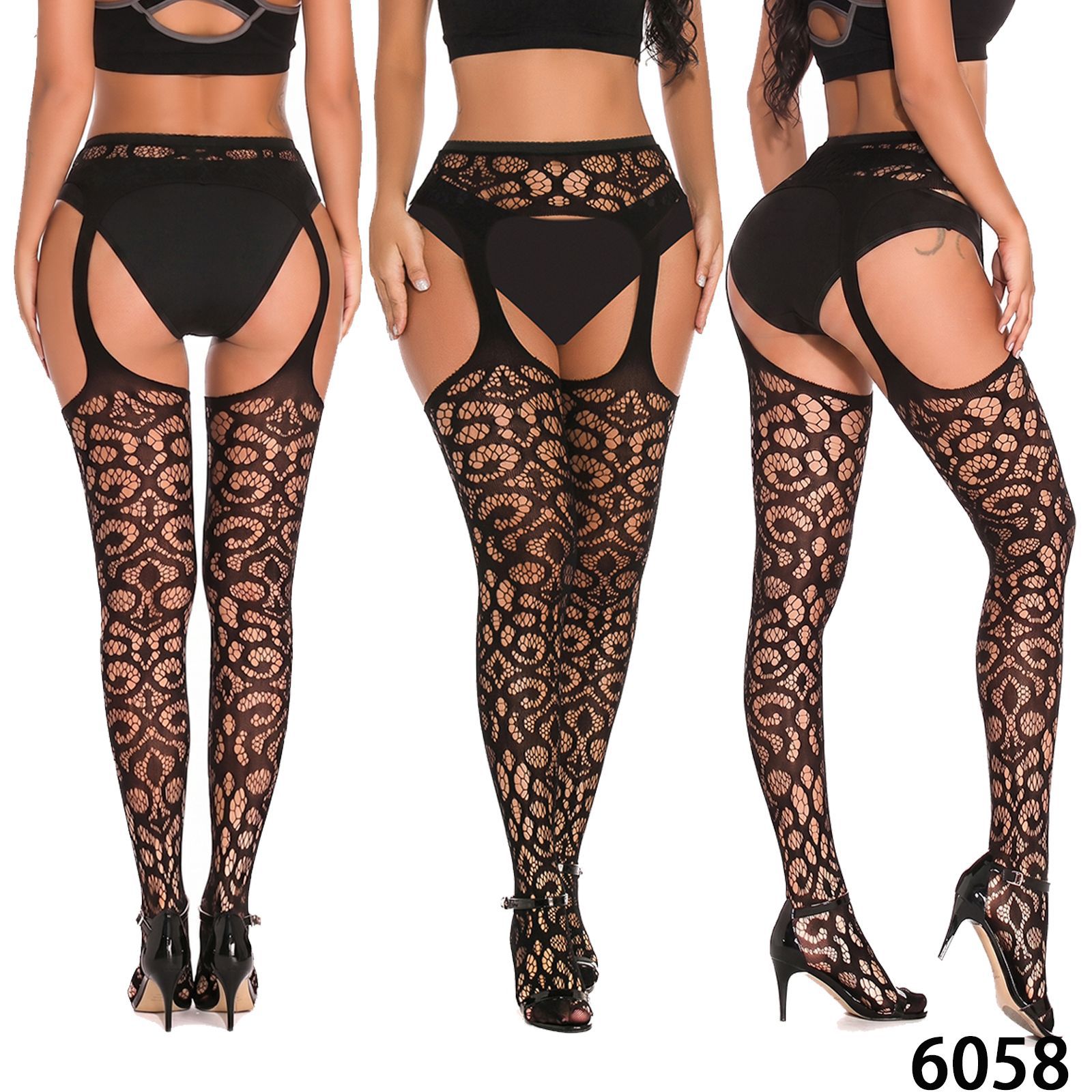 Medias sexys, accesorios para coquetear, lencería, pijamas calados, pantalones de uniforme jacquard, medias de rejilla europeas y americanas con tirantes cruzados