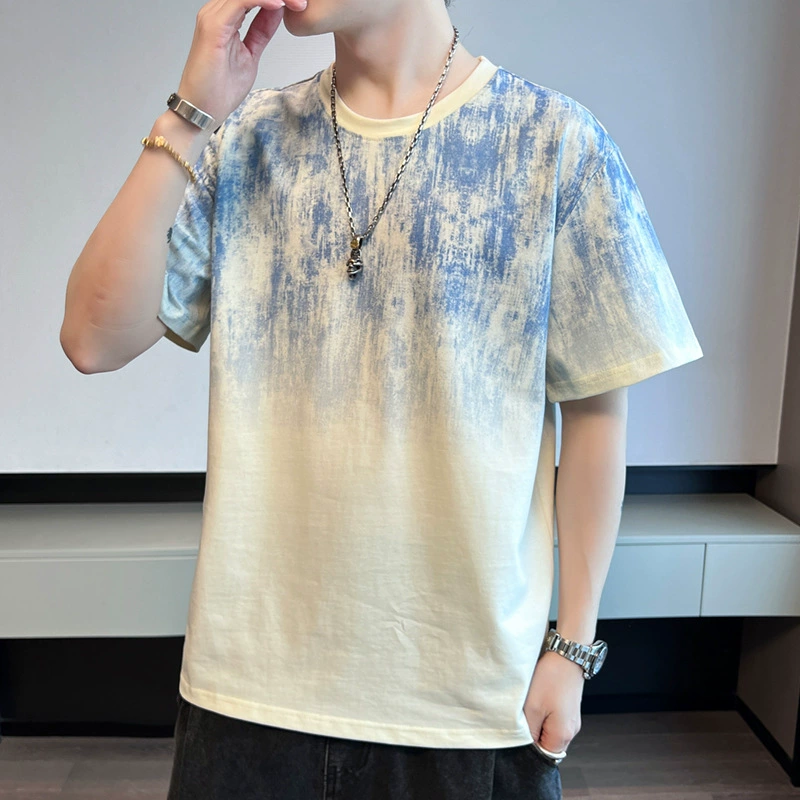 Летняя хлопчатобумажная футболка с короткими рукавами для мужчин в Гонконге тренд свободные рубашки с круглым вырезом
