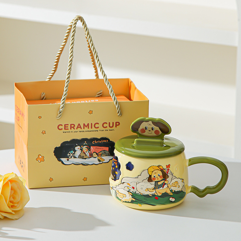 Taza de cerámica de dibujos animados creativos con soporte de teléfono móvil cubierta de taza de agua de oficina casera caja de regalo de alto valor pintada a mano taza de viento
