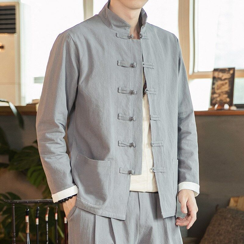 Spring 2025 New Chinese Style Vertical Collar Buckle Cotton and Linen Hanfu plus size Loose Fashion Casual Cardigan Jacket for Men
