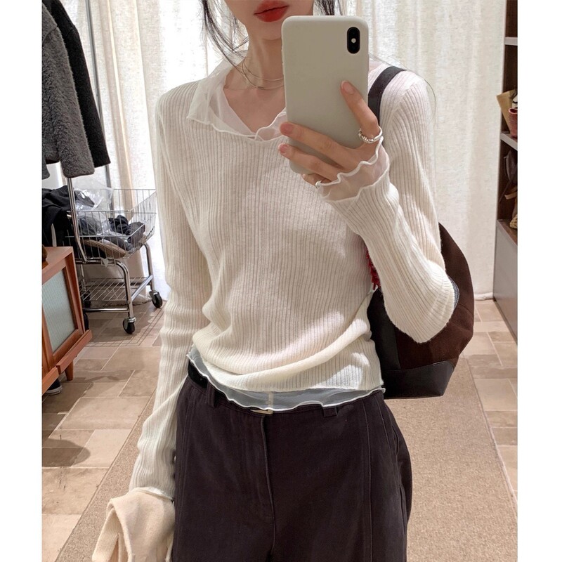 Korean White Mesh Splicing V Neck Long-Sleeved Knitwear for Women in Autumn and Winter Slim-Fitting Short Style with Unique and Beautiful Tops