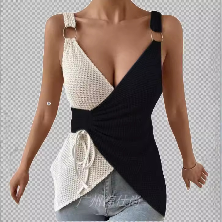 Popular Cool Hot Girl Vest Shoulder Color Matching Sling Buckle Decorative Waist Drawstring Pleated New Fashion Design