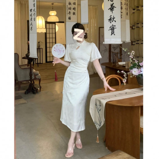 New Chinese Style Improved Cheongsam with Diagonal Jacquard Dress, Mid-Length Slit Slimming Skirt, Source Factory