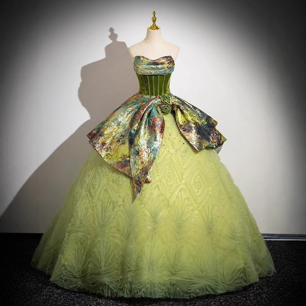 Green Evening Dress High-End Mori Style Vocal Performance Floral Puffy Skirt Adult Ceremony Host Dress Niche