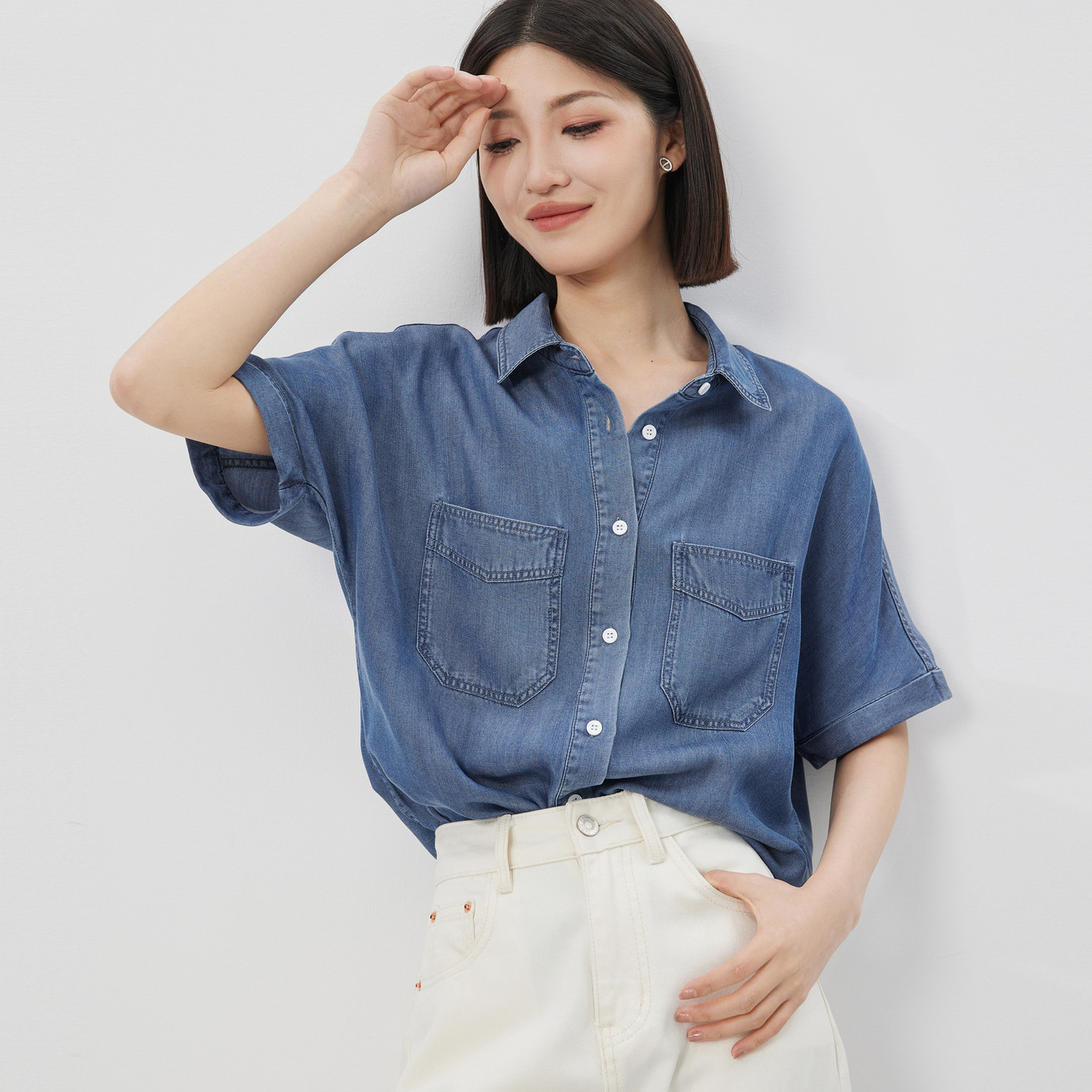 P8 复古衣橱 春夏洋气简约垂坠感莱赛尔短袖牛仔衬衫