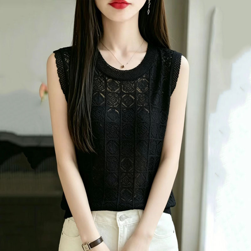 Summer New Style Women's Ice Silk Round Neck Hollow Square Sleeveless Vest T-Shirt Fashionable Casual Slimming Top Knitwear Summer New Style Women's Ice Silk Round Neck Hollow Square Sleeveless Vest T-Shirt Fashionable Casual Slimming Top Knitwear