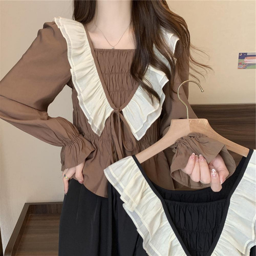 2025 Plus Size Women's French Pleat Long-Sleeve Shirt Autumn New Fat Hiding Stomach Slimming Top Women's Upper Garment