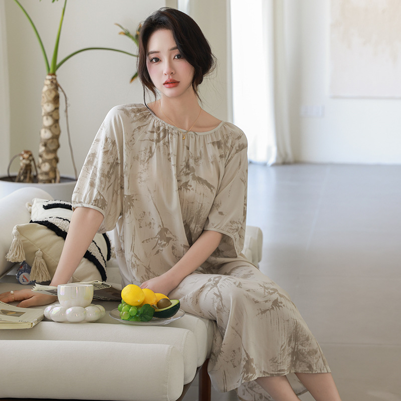 Zixian 여성을위한 여름 면화 실크 잠옷 봄, 가을 귀여운 인쇄 느슨한 대형 롱 스커트 반팔 홈웨어 잠옷