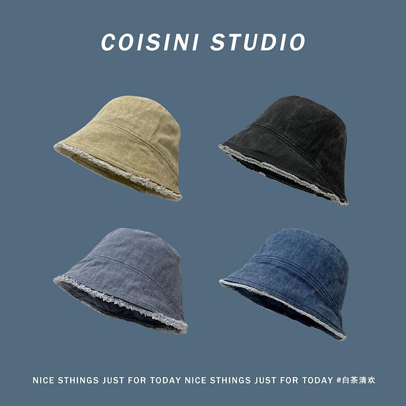 New 2022 Spring and Summer Washed Flocked Edge Denim Casual Versatile Fisherman Hat for Girls Water Bucket Sun Hat Trendy