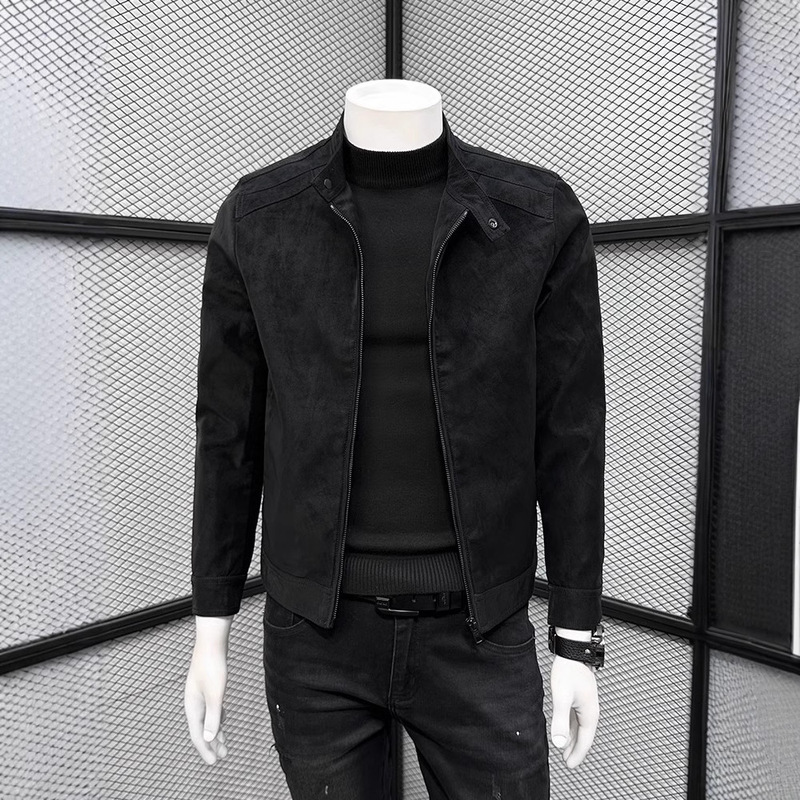 Men's Suede Leather Jacket for Spring and Autumn Korean Style Slim-fit PU Leather Jacket with Vertical Collar Men's Simple Casual Leather Jacket Men's Trendy