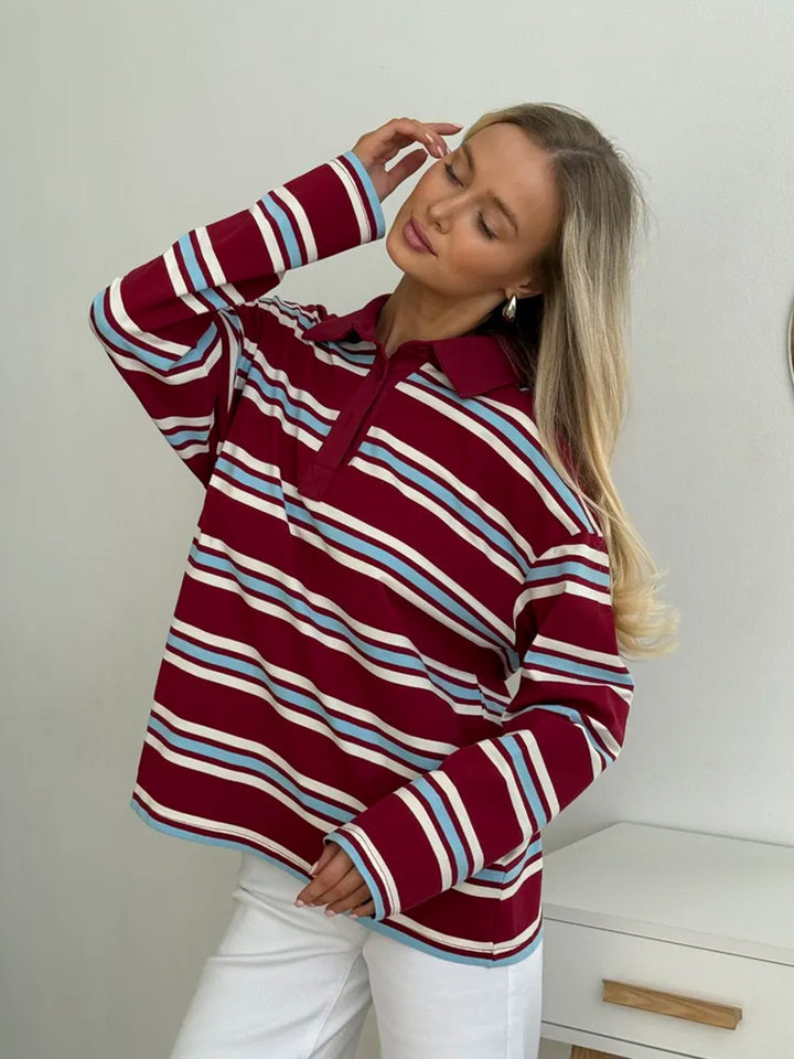 Áo thun nữ sọc dài tay cổ polo dáng rộng phong cách retro — hồng, màu nâu, nâu sẫm, quần kaki chi tiết 50
