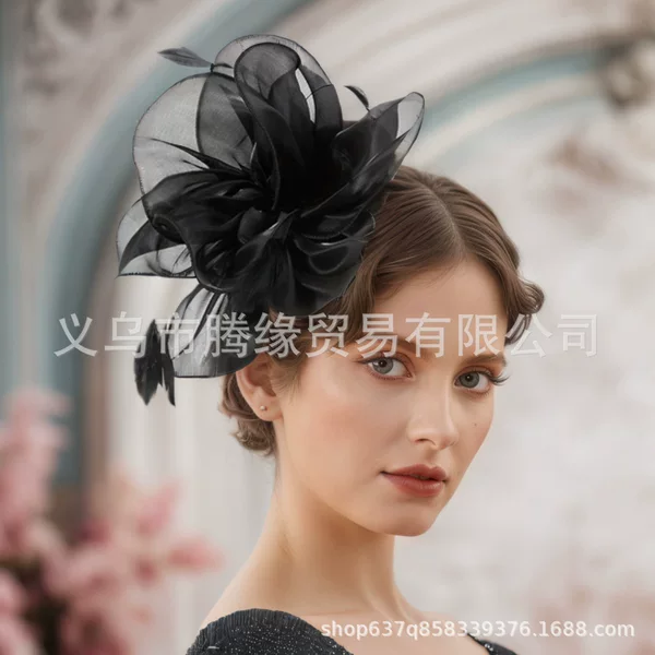 European and American Mesh Headdress Feather Headdress Organza Hat Headdress Jockey Club Retro Catwalk Flower Hairpin Hair Accessories
