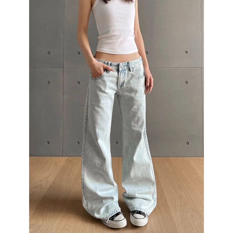 2026 Spring American Style Hot Girl Washed Light Blue Low Waist Jeans for Women Slim Fit Long Pants Jeans for Women