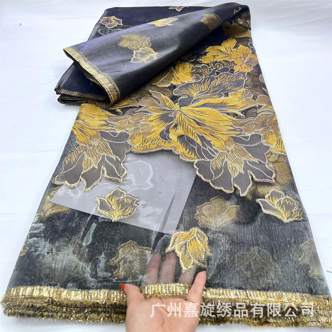 Tela de organza jacquard con relieve, estilo medioriental, fondo negro, para vestidos, accesorios de moda, brocado.