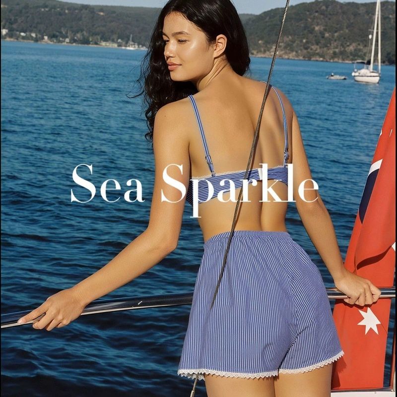 [Sea Sparkle]协奏曲ins海盐甜心比基尼蓝白条纹海岛度假分体泳衣|undefined
