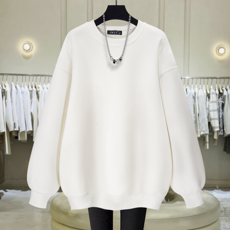 White Round Neck Sweatshirt for Women Fleece-Lined 2025 New Spring, Autumn and Winter Thin Style Lazy Style Loose Mid-Length Style Covering Buttocks