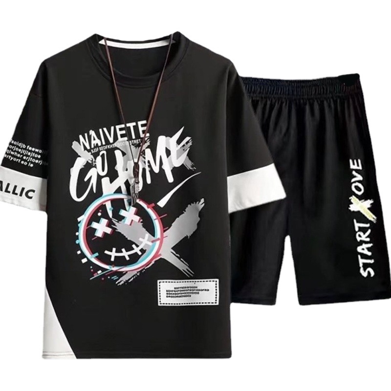 Pantalones cortos de manga corta para camisa de manga corta, estilo coreano, primavera y otoño nuevo, personalidad de graffiti, moda, moda de la calle, parte superior de media manga, traje