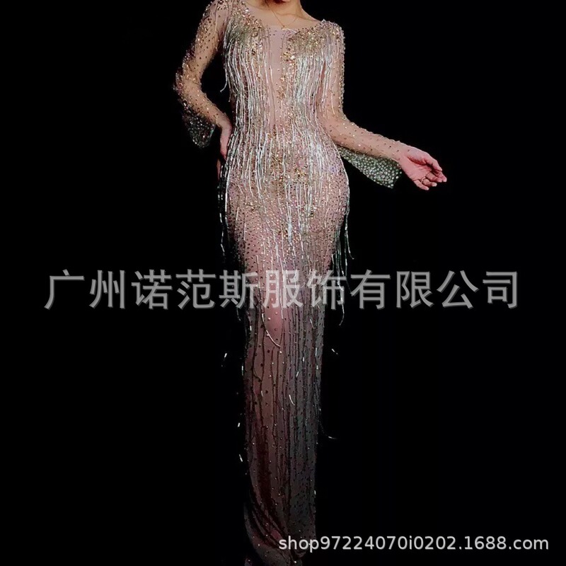 2024 Semi-Transparent Mesh Glitter Tassel Diamond Sexy Long Dress Summer Evening Dress Elegant Party Fishtail
