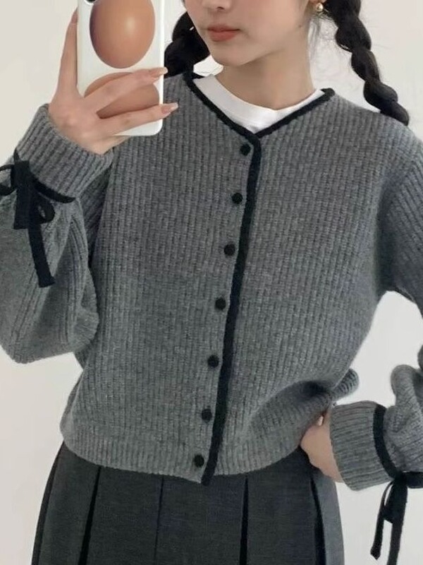 韩系甜美风短款针织开衫女秋冬季设计感小众系带毛衣外套外搭上衣|undefined