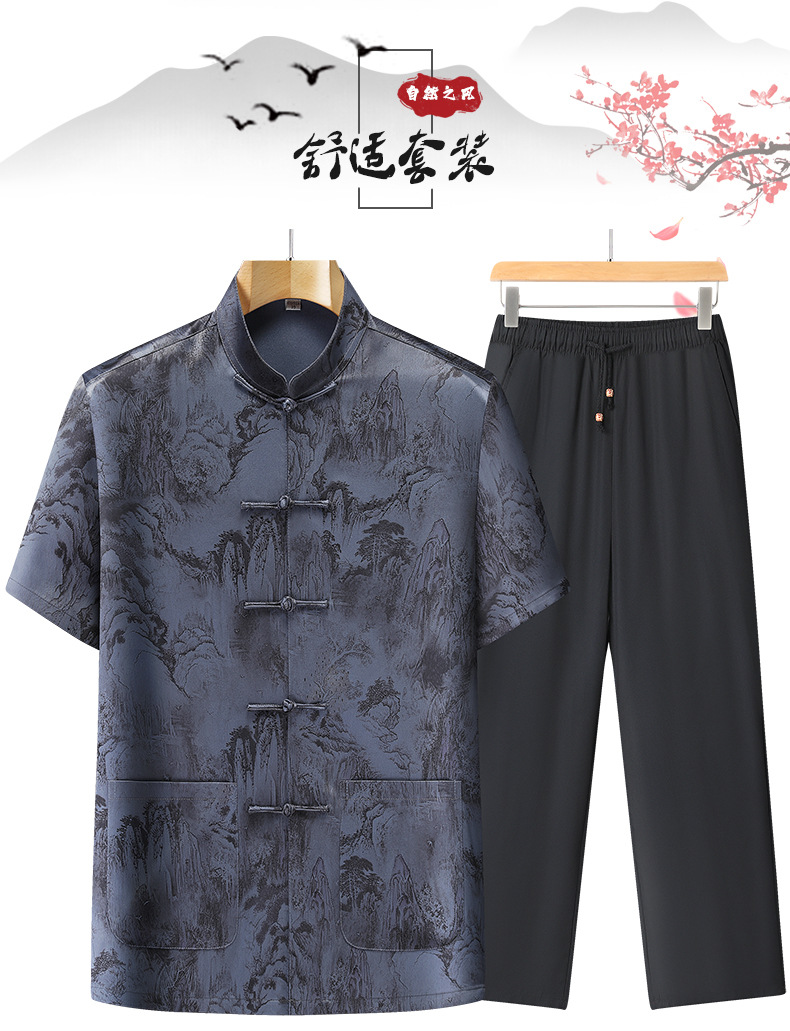 Bộ đồ mùa hè nam trung niên áo sơ mi ngắn tay phong cách Trung Hoa — Màu xanh lam YH-820 chi tiết 1