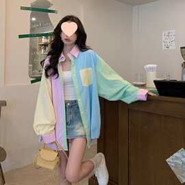 设计感长袖衬衫小众甜美糖果色撞色拼接条纹上衣女2025年秋季新款
