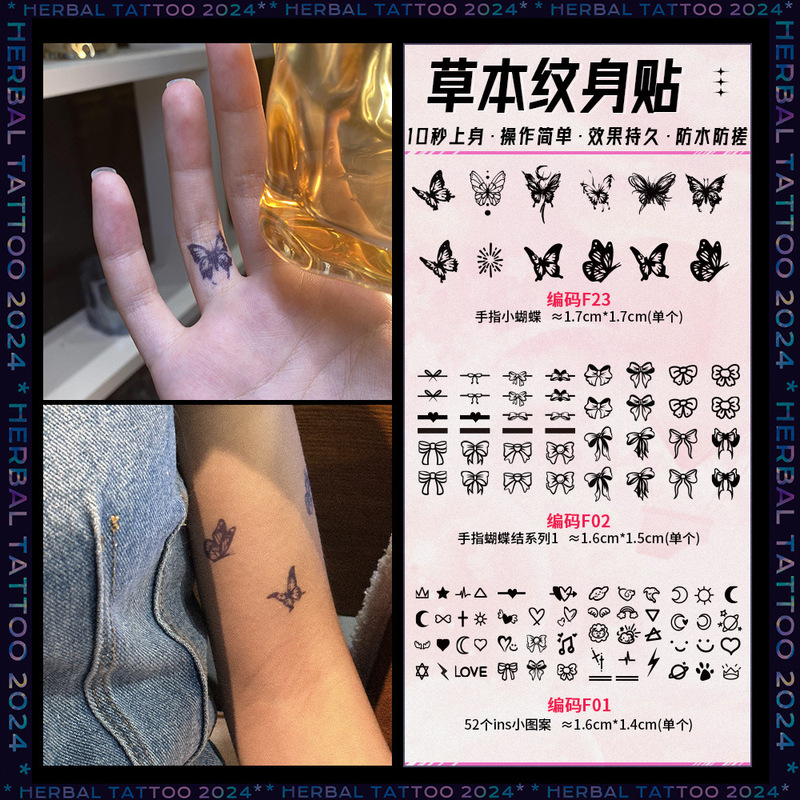 Trendy butterfly tattoo stickers, featuring small butterfly and bow designs, waterproof and mini-sized for temporary use