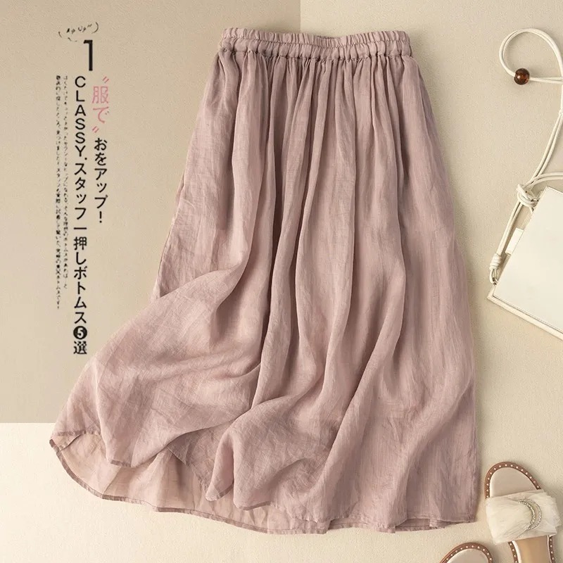 2025 New Summer Skirt with Elastic Waist, Artistic Retro Cotton and Linen Covering the Crotch, Pure Color, Simple Mid-Length Style
