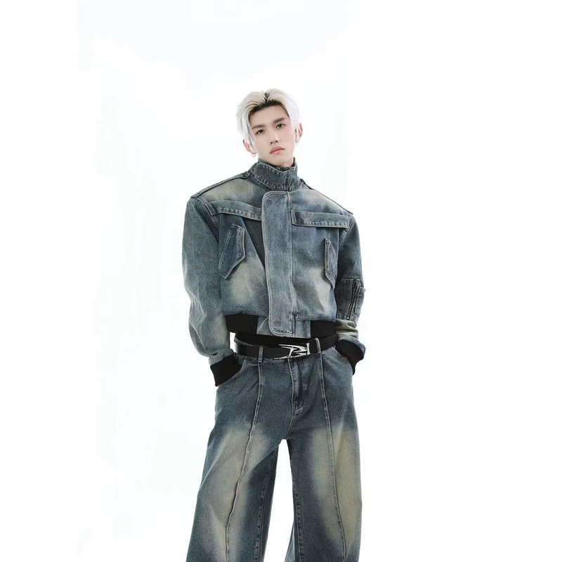 2026 Fall/Winter heavy vintage distressed patchwork denim jacket and high street fashion straight-leg jeans set 2026 Fall/Winter heavy vintage distressed patchwork denim jacket and high street fashion straight-leg jeans set