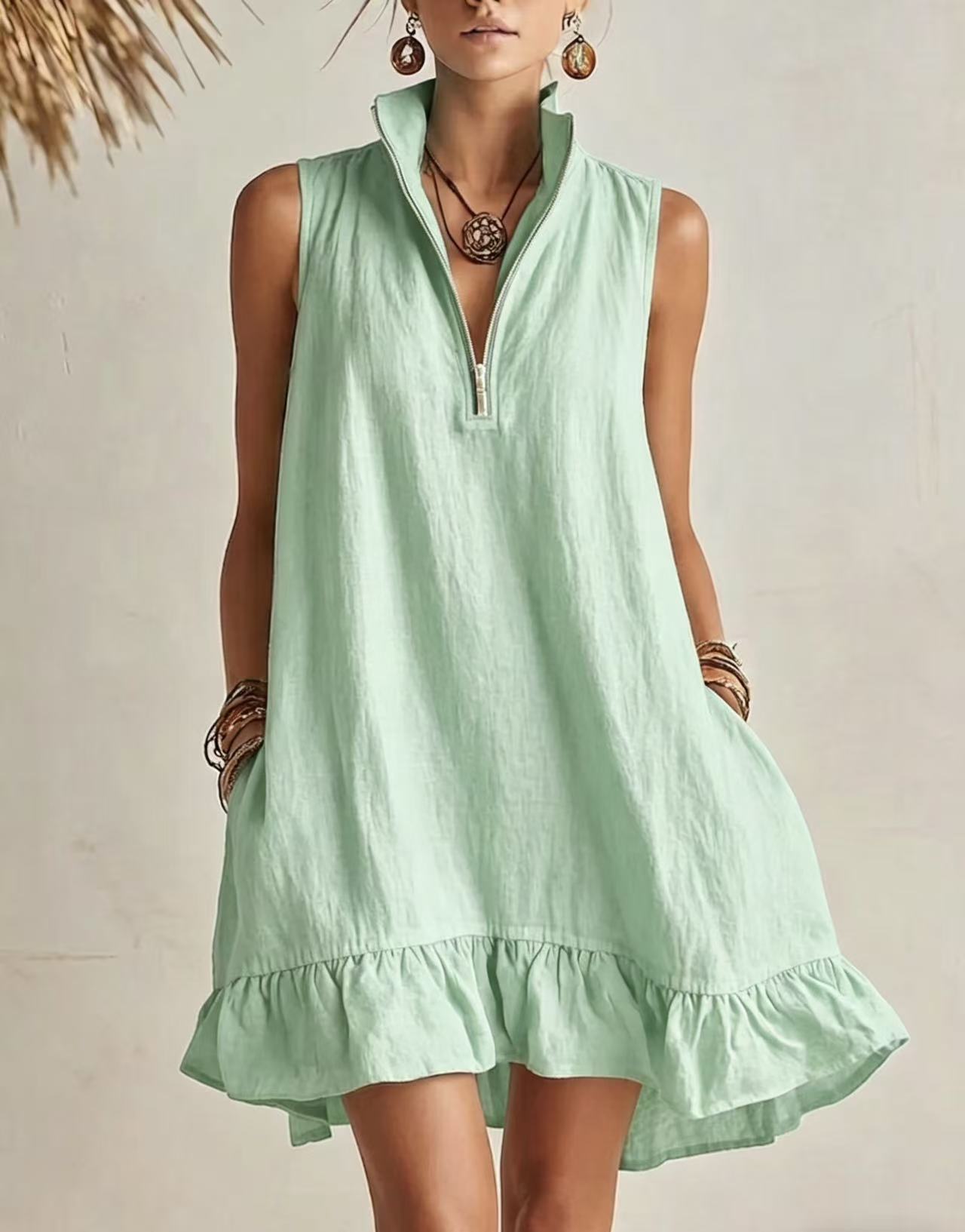 Women's Clothing Women's Solid Color Sleeveless V Neck Dress Cotton Linen Spring Summer For Formal & Casual For Women_ecoleips.com
