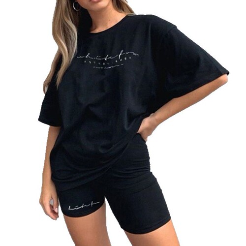 2024 New European and American Style Letter-Print Fashionable Loose Slimming T-Shirt Casual Sports Two-Piece Set for Women