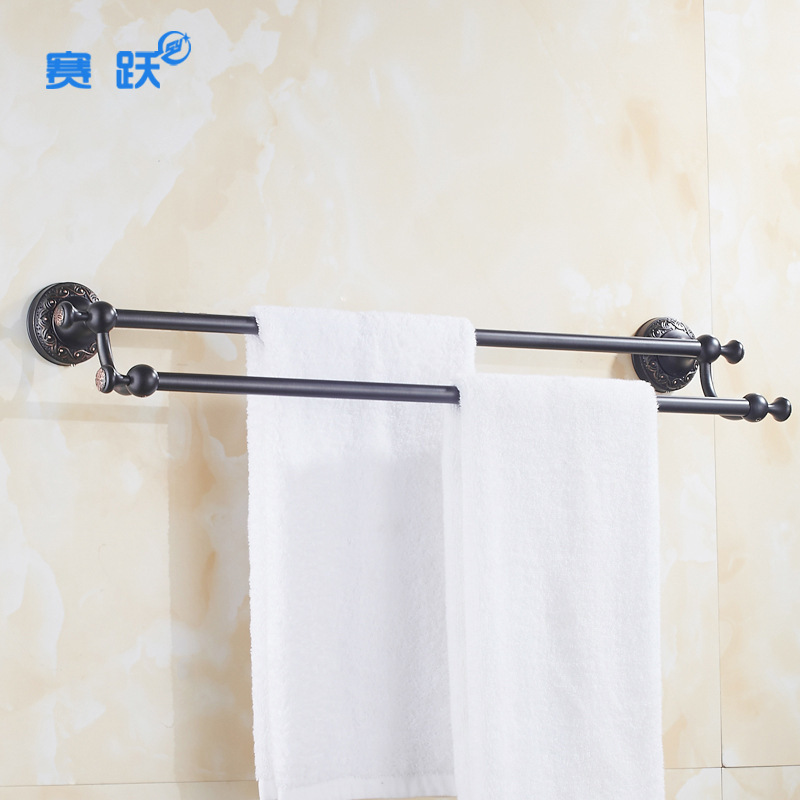 Retro Bathroom Towel Rack Brass European-Style Towel Hanger Bathroom Black Antique Copper Carved Double-Rod Toilet Towel Bar Retro Bathroom Towel Rack Brass European-Style Towel Hanger Bathroom Black Antique Copper Carved Double-Rod Toilet Towel Bar