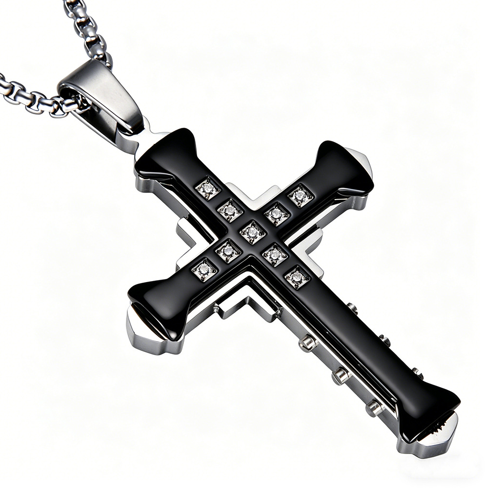 Collar con Colgante de Cruz para Hombre, Estilo Europeo y Americano, con Diamantes, en Plata, Oro y Negro, Novedad 2026, Venta al Por Mayor