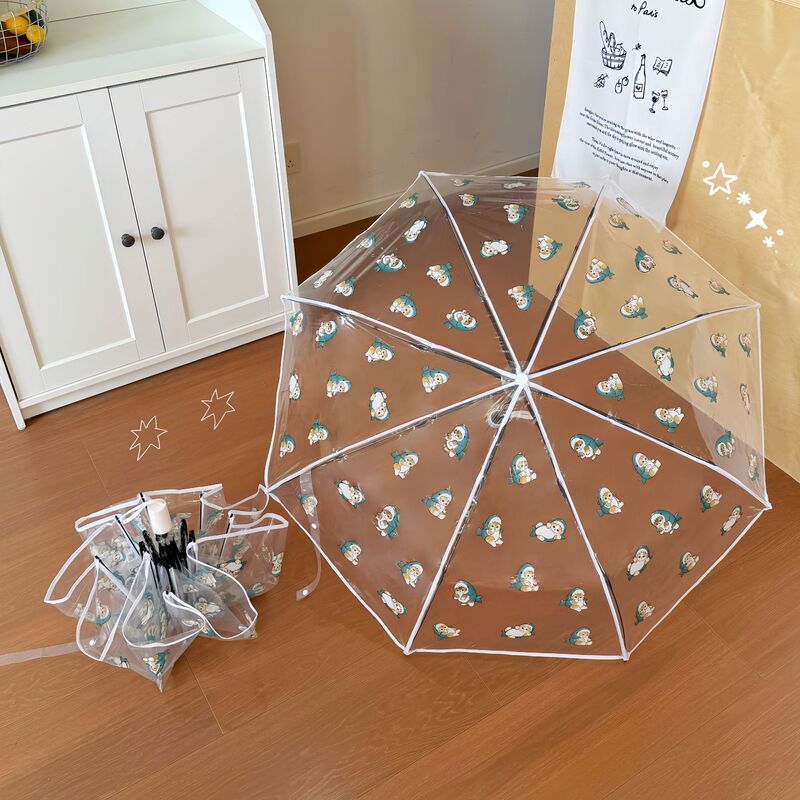 Japanese-Style Cute Shark Cat Transparent Umbrella with Long Handle, Fully Automatic Folding, High Aesthetic Value, Specifically for Children Going to School, Fresh and Simple