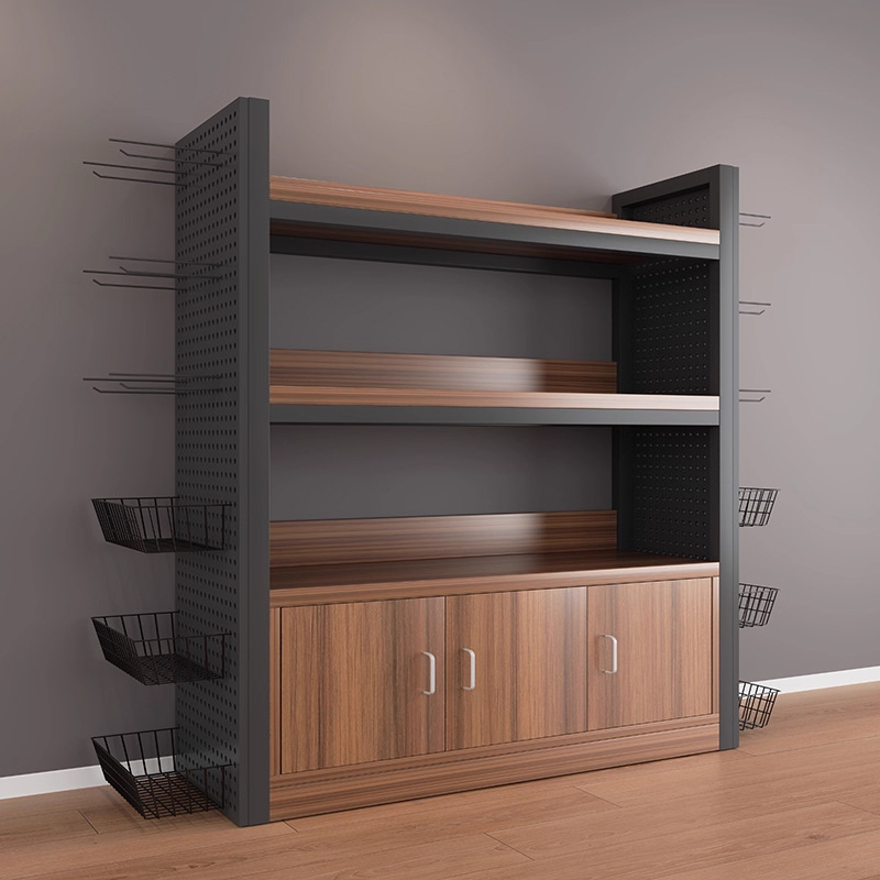 Estante de almacenamiento de agujeros laterales Estante de almacenamiento multicapa de productos de exhibición Gabinete de exhibición de tabaco y vino de supermercado puerta de cinta de estante de isla media