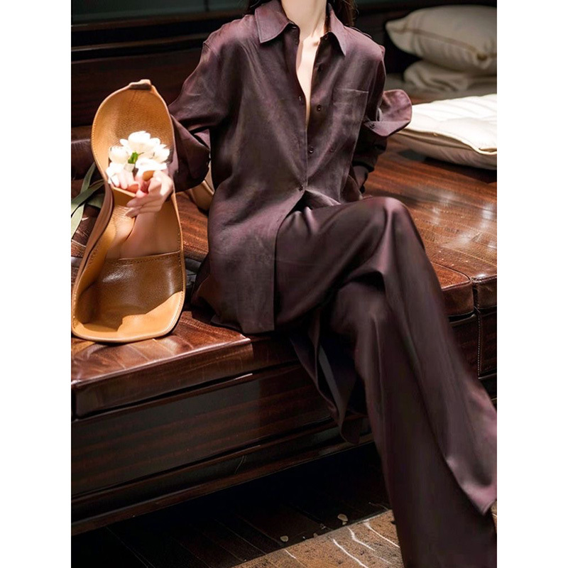 Summer Relaxed Style Outfit: Salt-Style Commuting Set, Loose and Lazy Coffee-Colored Shirt, Wide-Leg Pants Two-Piece Set for Women Summer Relaxed Style Outfit: Salt-Style Commuting Set, Loose and Lazy Coffee-Colored Shirt, Wide-Leg Pants Two-Piece Set for Women