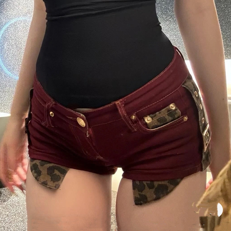 American Hot Girl Denim Shorts Women's Summer Thin New Low-Waist Slimming Leopard Print Splicing Red Hot Pants