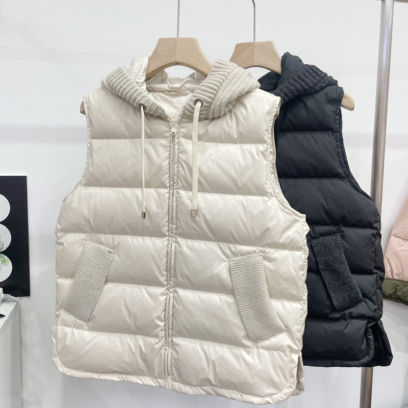 [Yichen] 24 Winter Pinghu down Vest Women's Short Knitted Hooded Spliced ​​Vest down Jacket Vest Jacket
